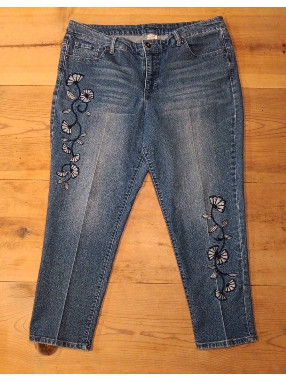 Vtg Faded Glory Jeans Women Plus 20W Tapered Floral Embroidered Cottagecore